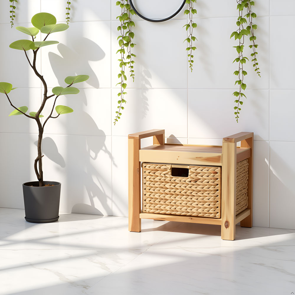 Handmade Acacia Wood Storage Stool with Water Hyacinth Basket – Natural Accent Organizer - Image 13