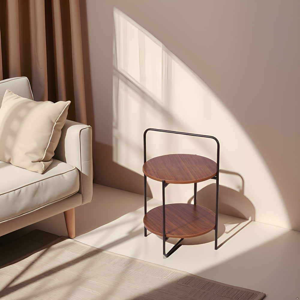 Round 2-Tier End & Brown Side Table with Foldable Steel Frame and MDF Shelves - Image 17