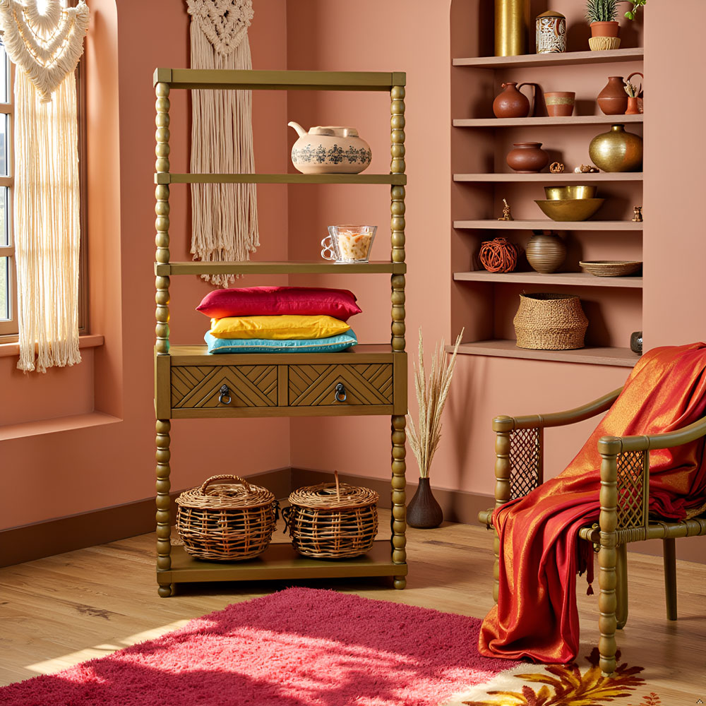 Solid Acacia Wood 6-Tier Bookcase with Drawer – Freestanding Storage Shelf - Image 4