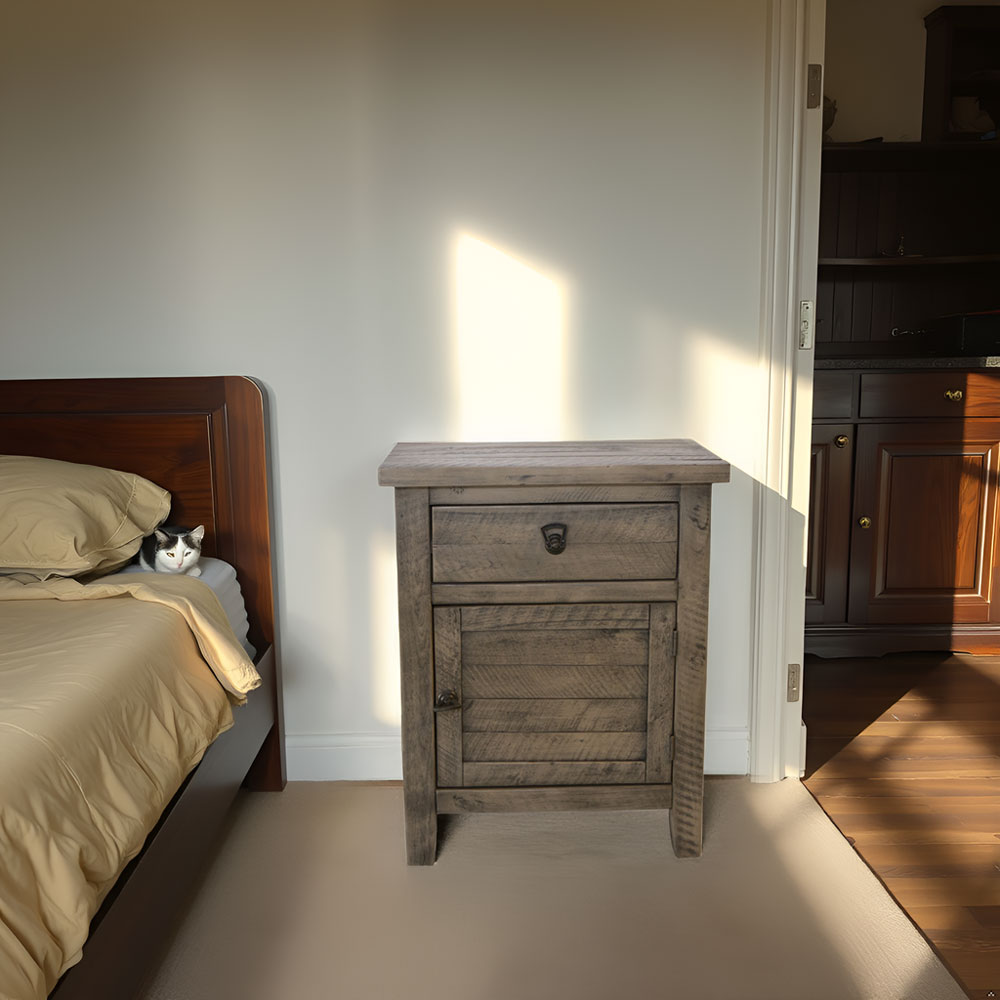 Solid Acacia Wood Nightstand – Rustic Gray Bedside Cabinet Storage Table - Image 15