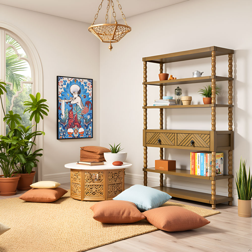 Solid Acacia Wood 6-Tier Bookcase with Drawer – Freestanding Storage Shelf - Image 7