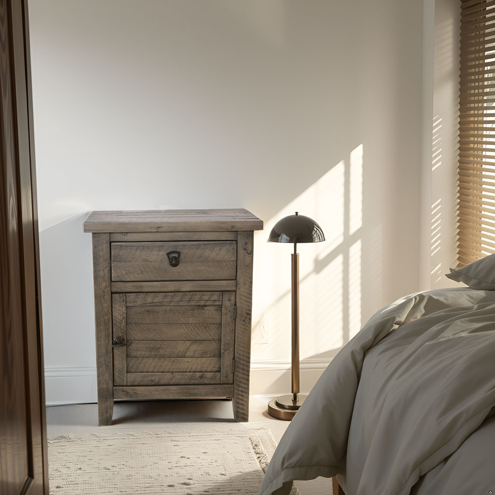 Solid Acacia Wood Nightstand – Rustic Gray Bedside Cabinet Storage Table - Image 7