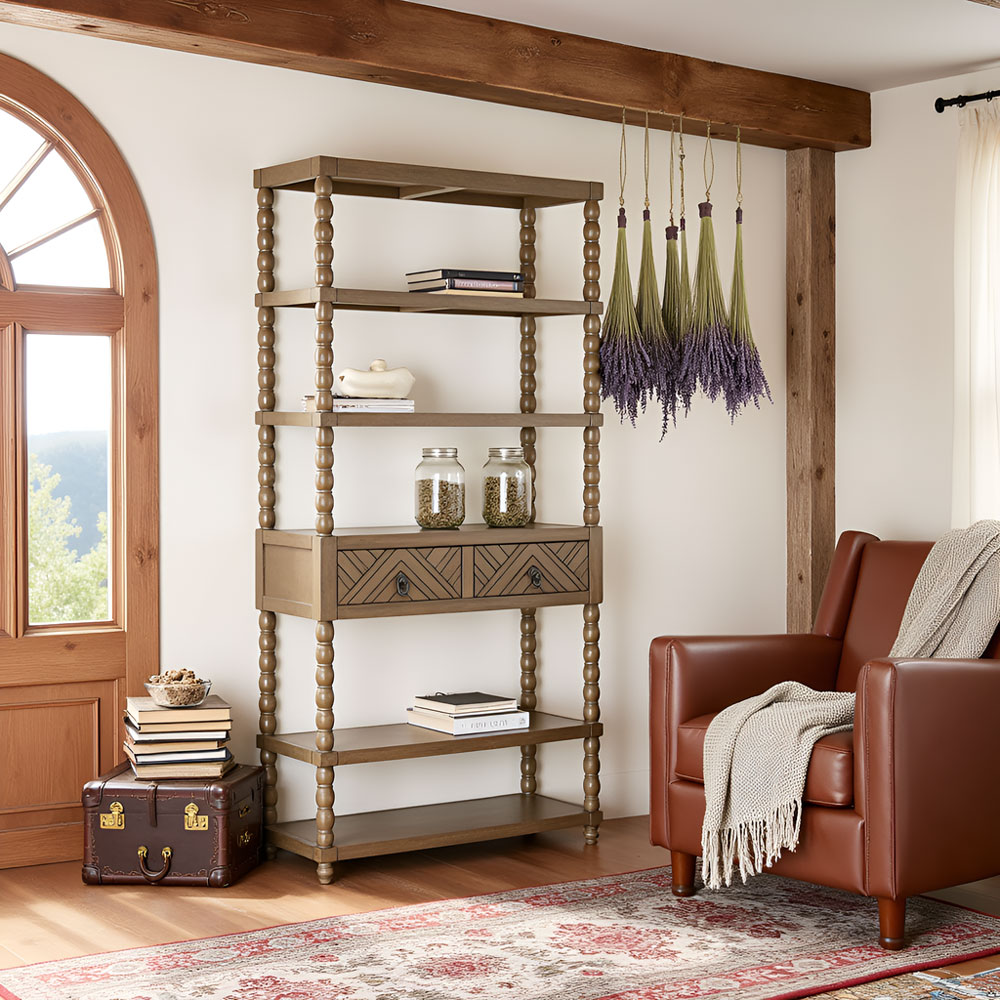 Solid Acacia Wood 6-Tier Bookcase with Drawer – Freestanding Storage Shelf - Image 3