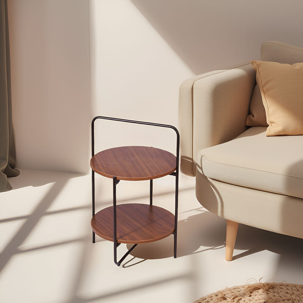 Round 2-Tier End & Brown Side Table with Foldable Steel Frame and MDF Shelves - Image 16