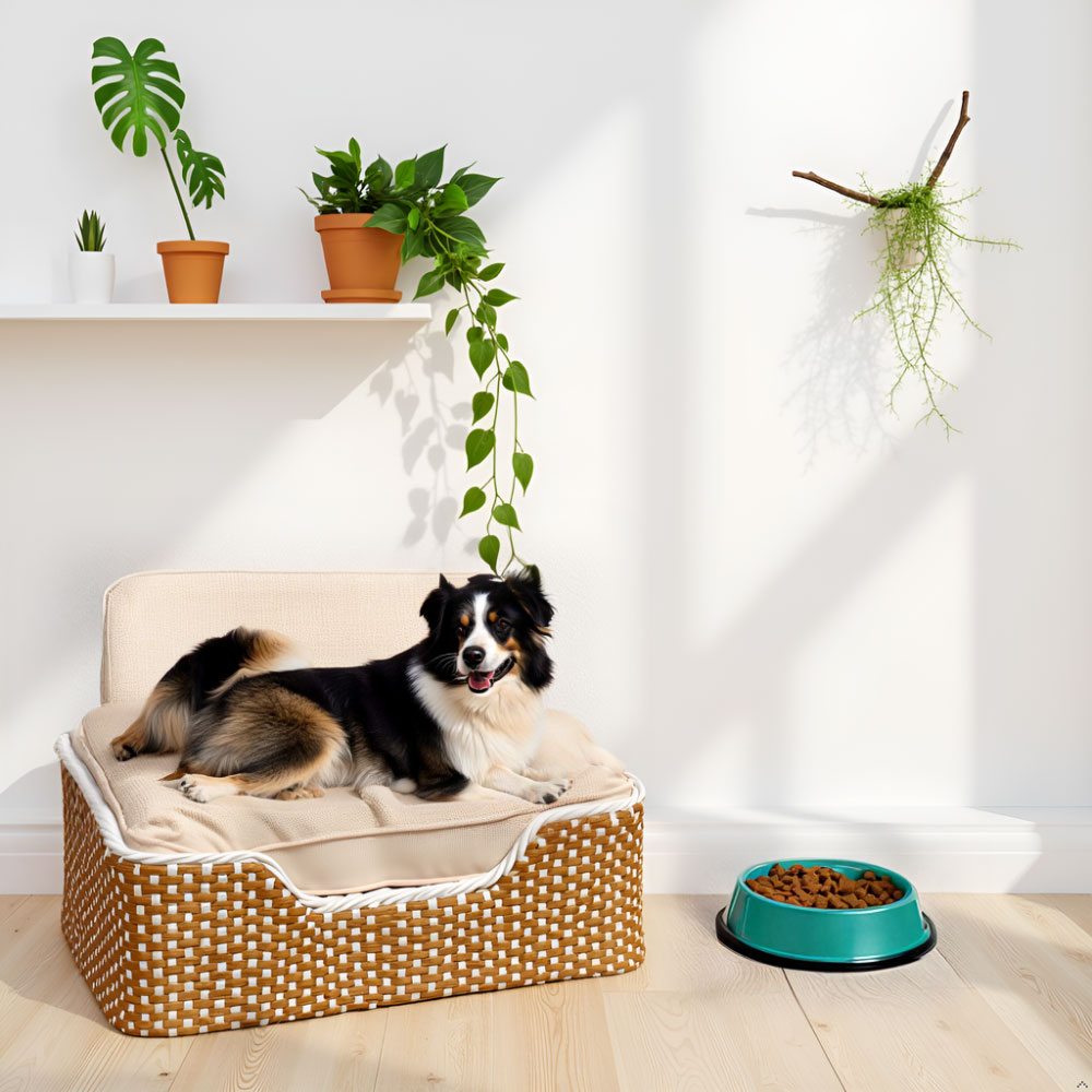 Hand-Woven Wicker Cat Bed with Removable Cushion – Powder-Coated Steel Frame Pet Sofa