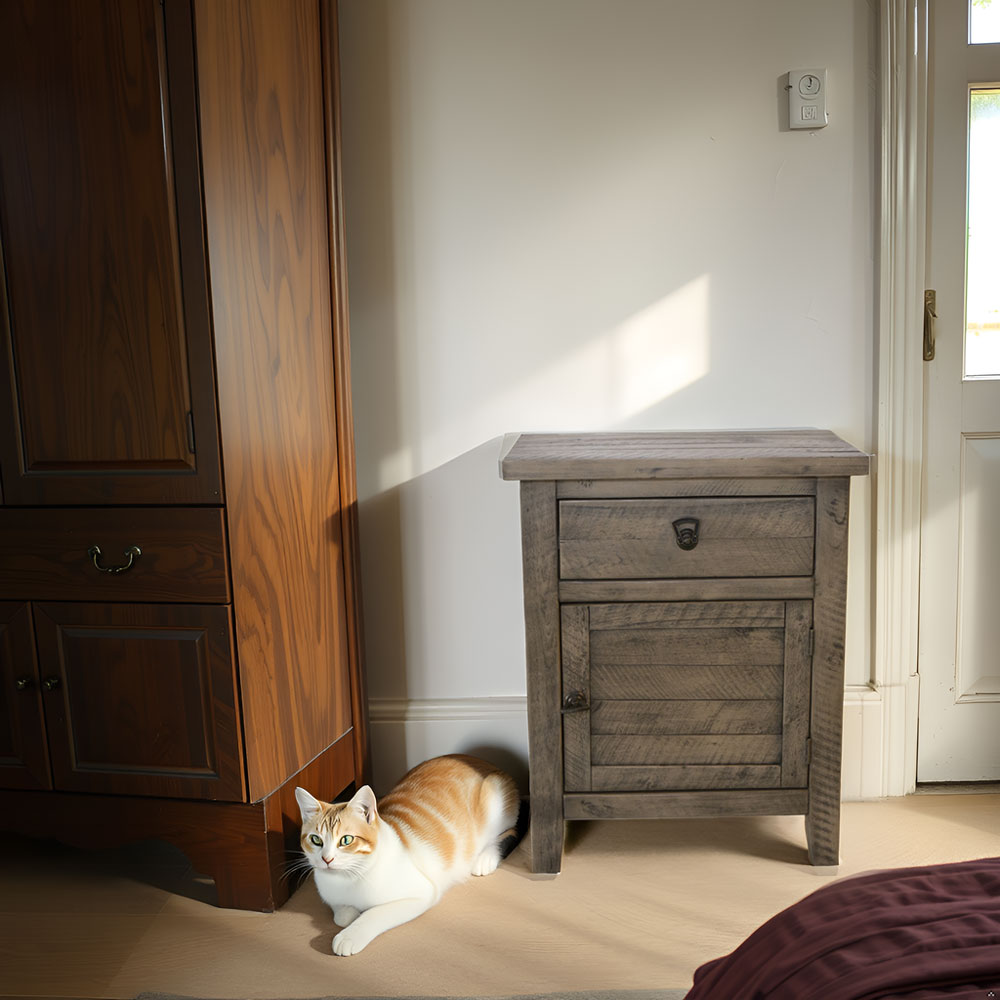 Solid Acacia Wood Nightstand – Rustic Gray Bedside Cabinet Storage Table - Image 6