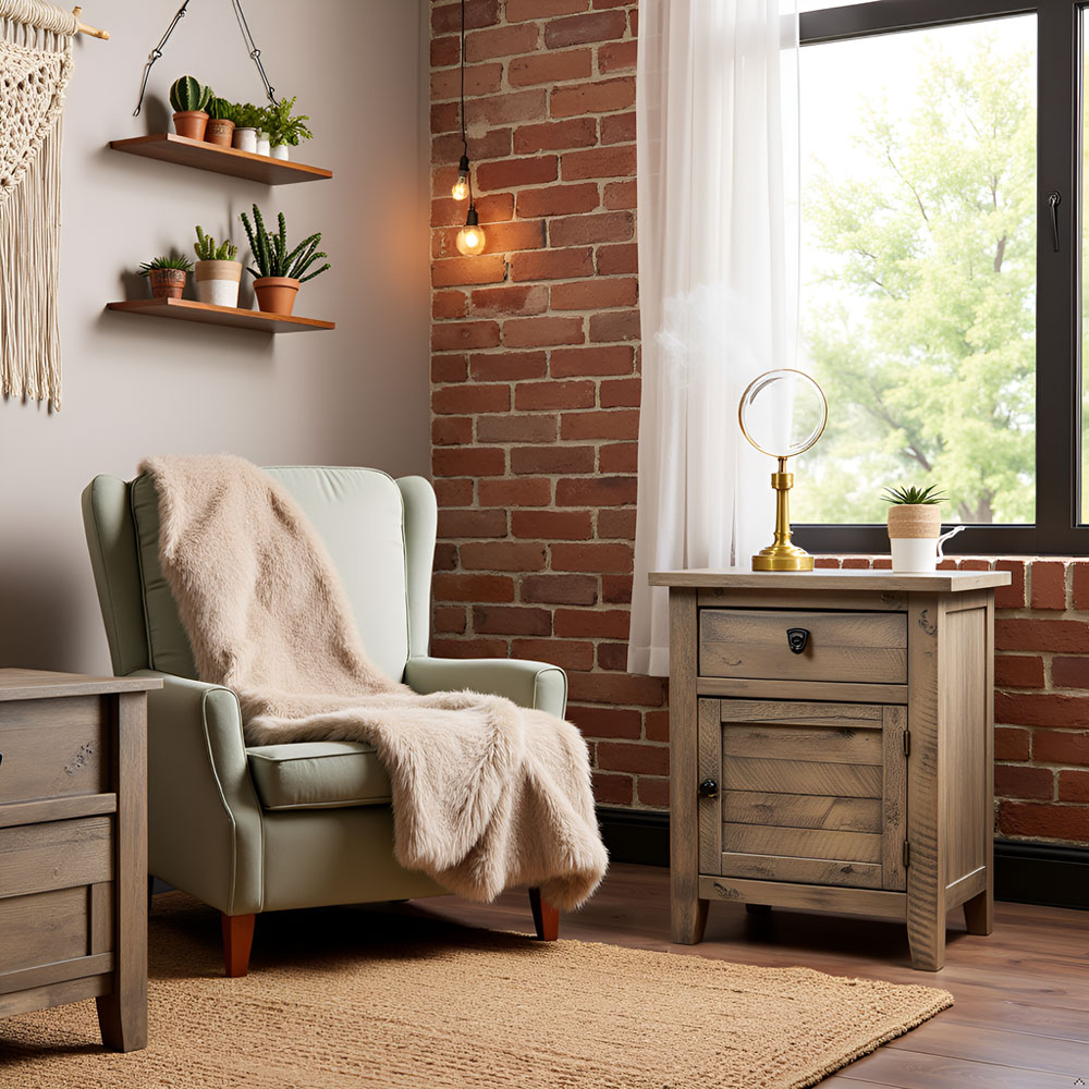 Solid Acacia Wood Nightstand – Rustic Gray Bedside Cabinet Storage Table - Image 5