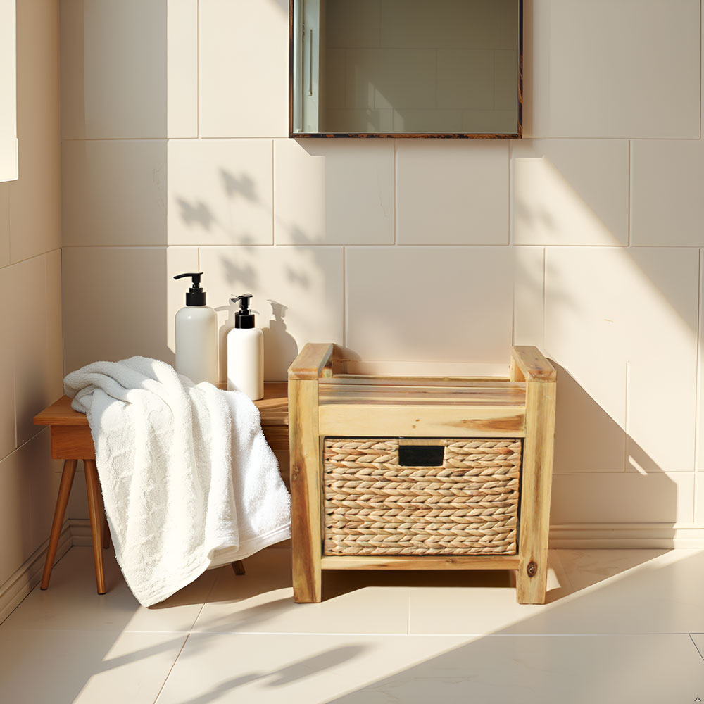 Handmade Acacia Wood Storage Stool with Water Hyacinth Basket – Natural Accent Organizer - Image 10