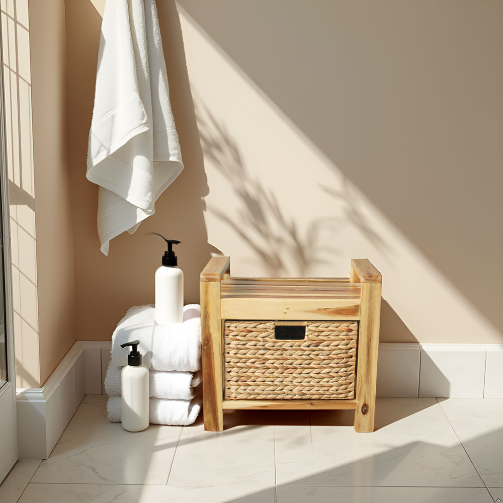Handmade Acacia Wood Storage Stool with Water Hyacinth Basket – Natural Accent Organizer - Image 9