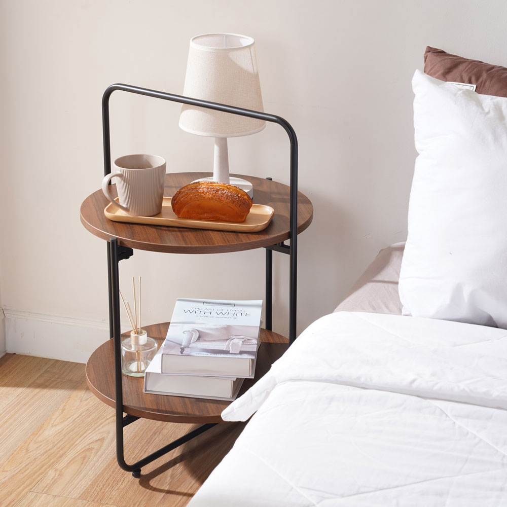 Round 2-Tier End & Brown Side Table with Foldable Steel Frame and MDF Shelves - Image 15