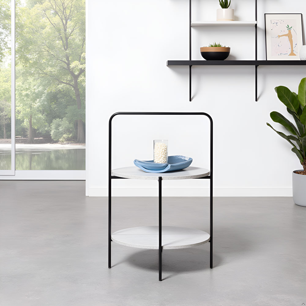 Round 2-Tier End & Gray Side Table with Foldable Steel Frame and MDF Shelves - Image 12