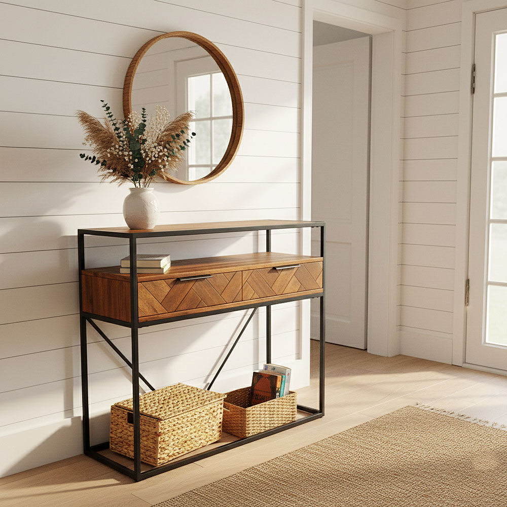 Acacia Wood Console Table with 2 Drawers & Powder-Coated Steel Frame - Image 3