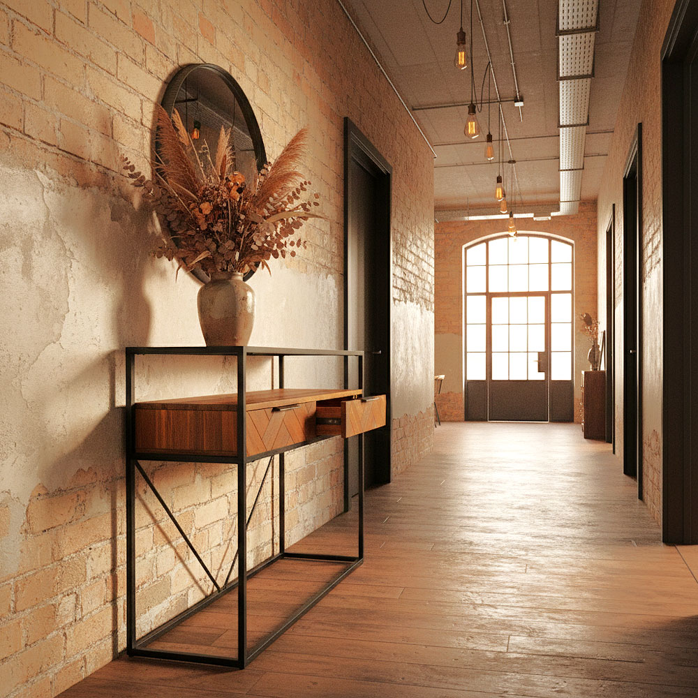 Acacia Wood Console Table with 2 Drawers & Powder-Coated Steel Frame - Image 2