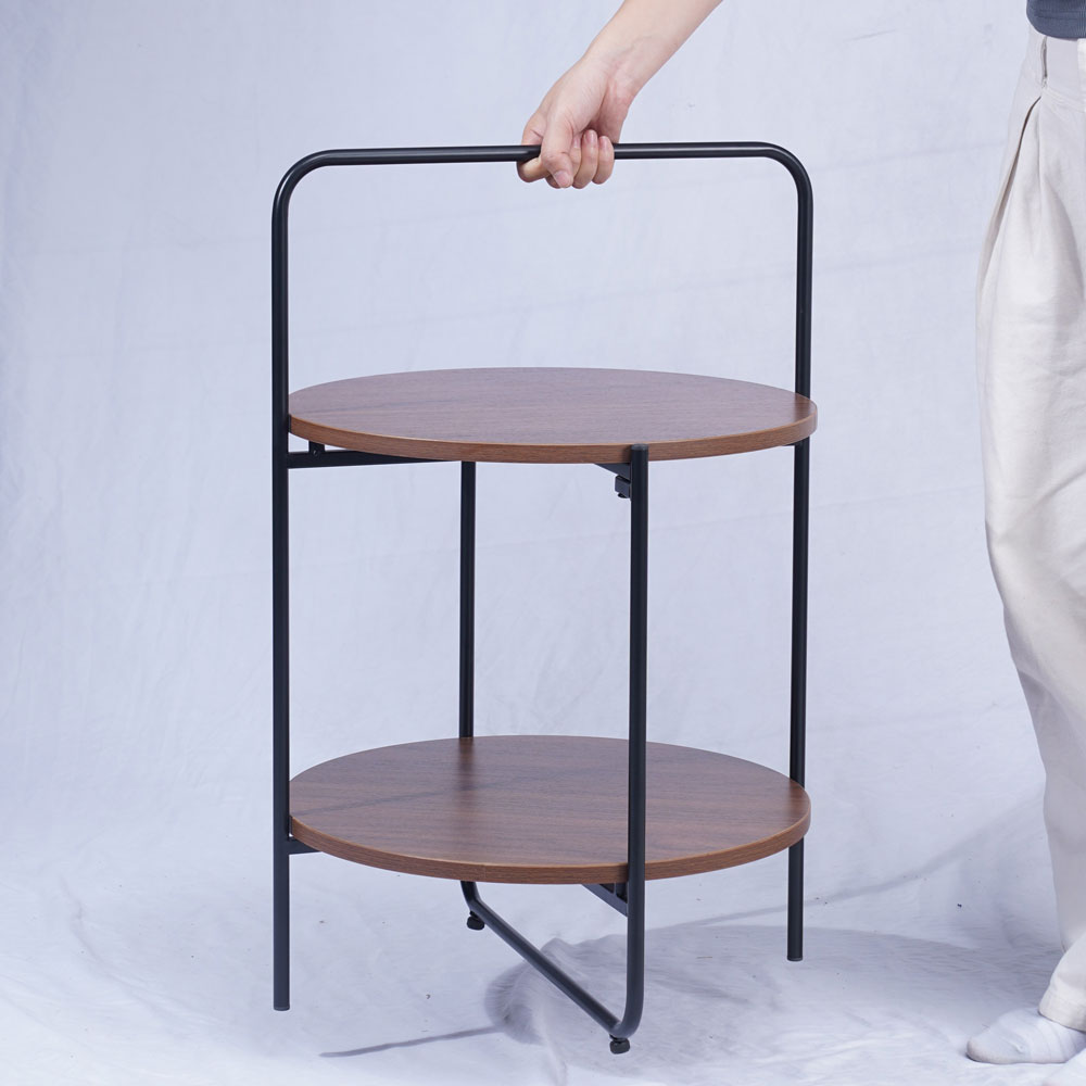 Round 2-Tier End & Brown Side Table with Foldable Steel Frame and MDF Shelves - Image 6