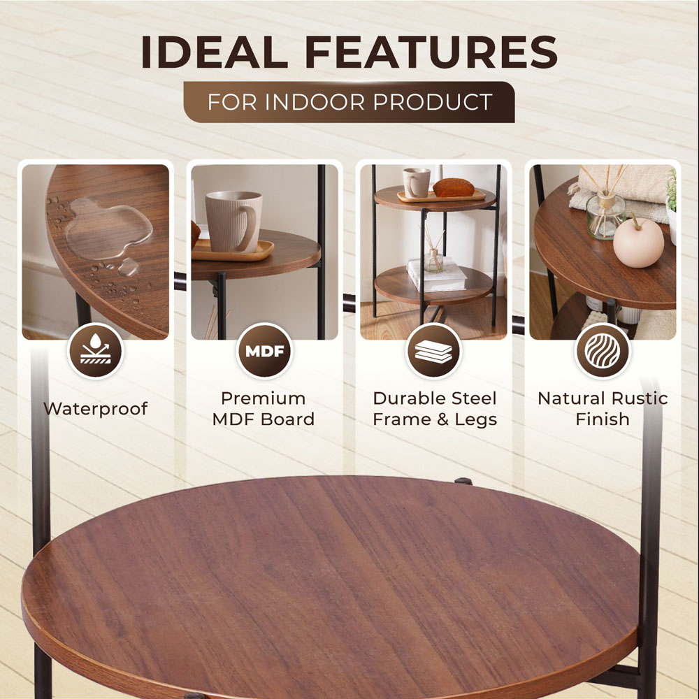 Round 2-Tier End & Brown Side Table with Foldable Steel Frame and MDF Shelves - Image 4