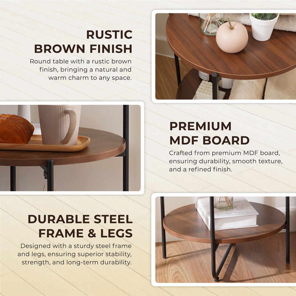 Round 2-Tier End & Brown Side Table with Foldable Steel Frame and MDF Shelves - Image 5