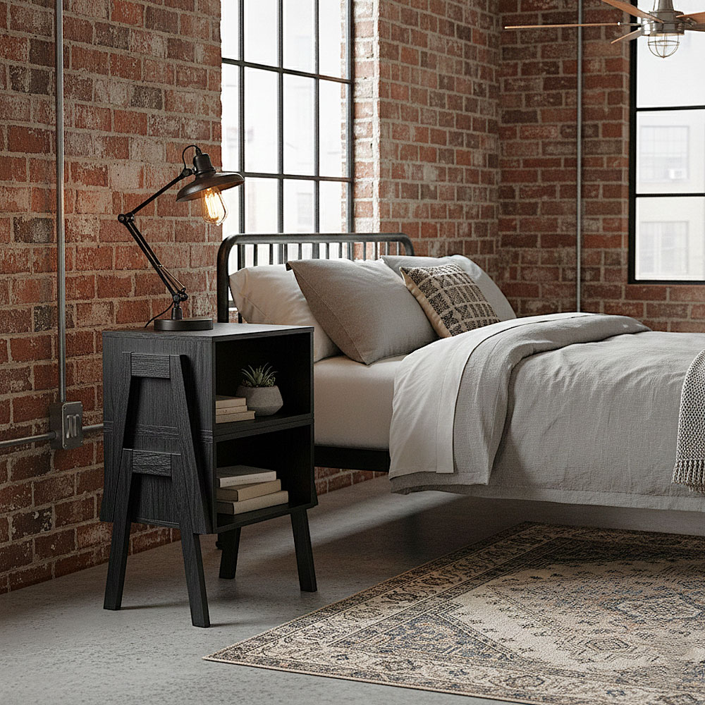 Set of 2 Stackable Black End Tables with Storage Shelf – Particle Board & Solid Pine Legs - Image 5