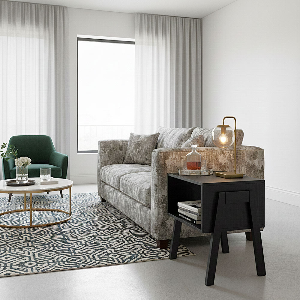 Set of 2 Stackable Black End Tables with Storage Shelf – Particle Board & Solid Pine Legs - Image 3