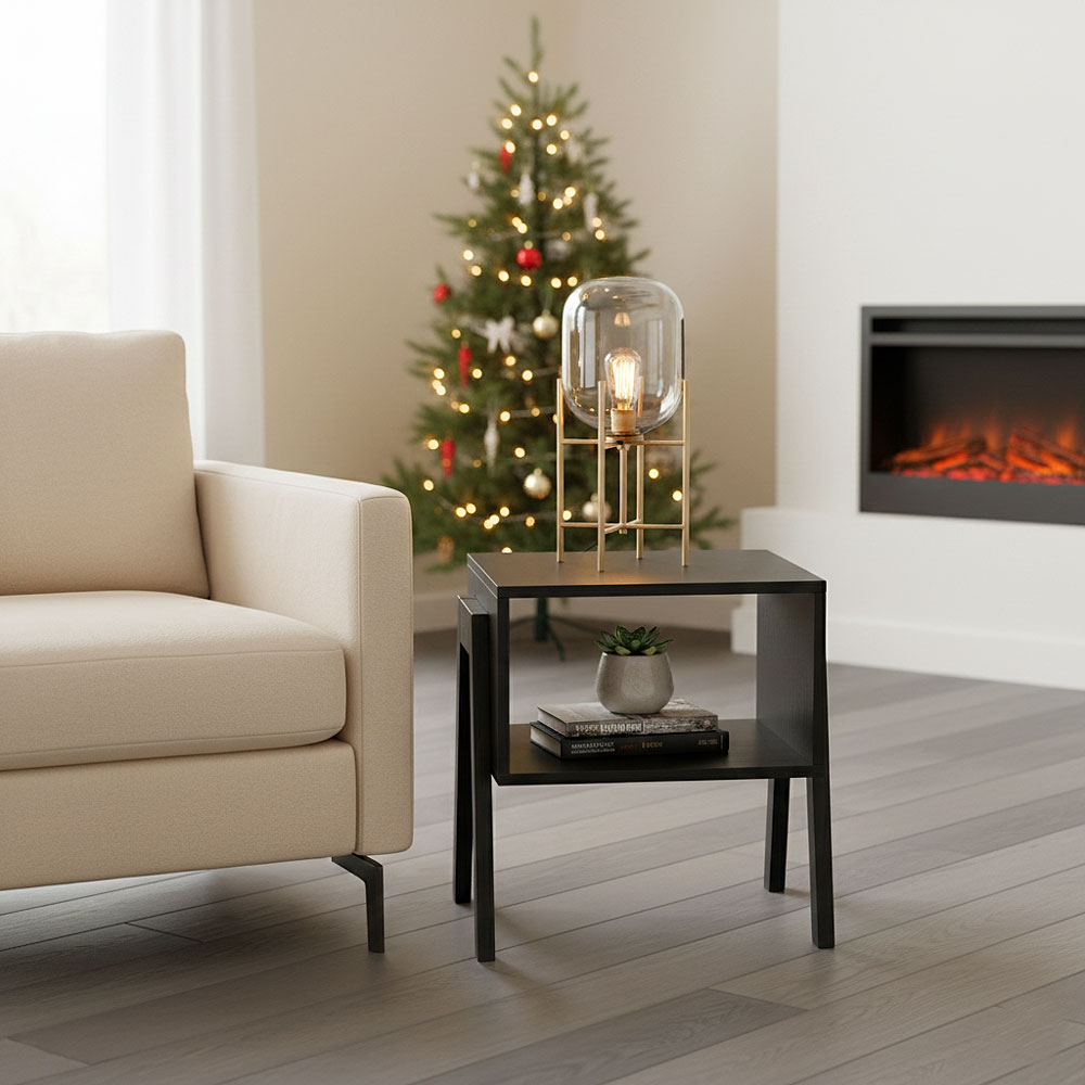 Set of 2 Stackable Black End Tables with Storage Shelf – Particle Board & Solid Pine Legs - Image 2