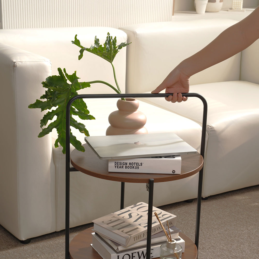 Round 2-Tier End & Brown Side Table with Foldable Steel Frame and MDF Shelves - Image 3