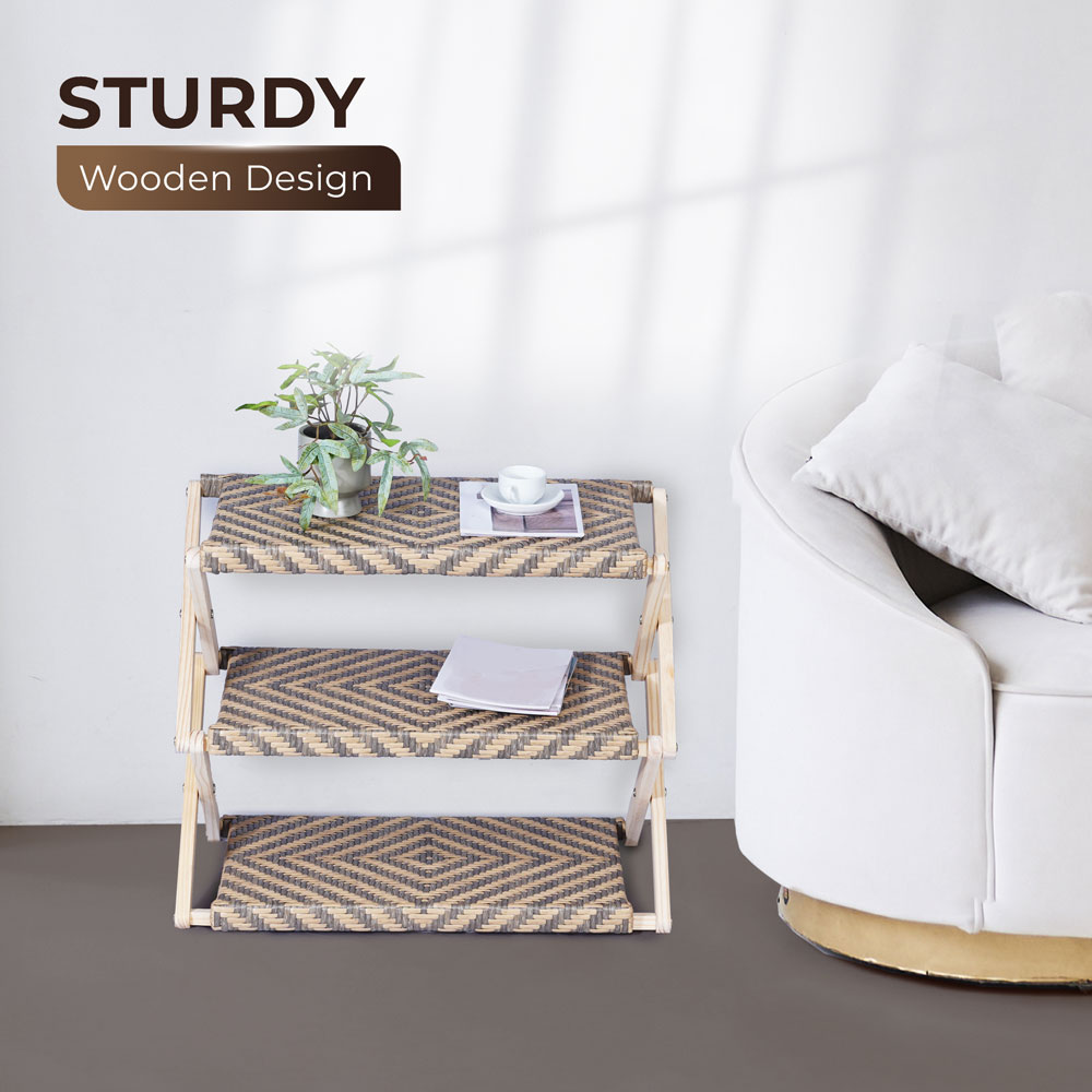 Foldable Pine Wood Shoe Rack with PE Wicker Shelves, Space-Saving 3-Tier Storage Organizer - Image 10