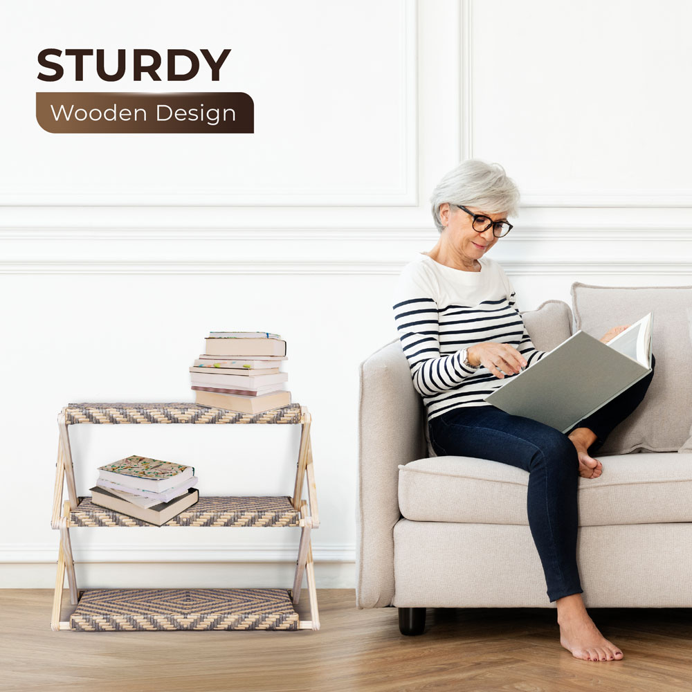 Foldable Pine Wood Shoe Rack with PE Wicker Shelves, Space-Saving 3-Tier Storage Organizer - Image 9