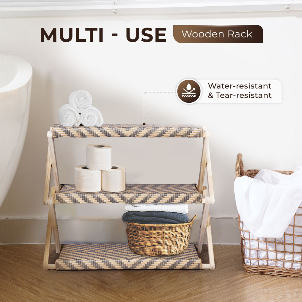 Foldable Pine Wood Shoe Rack with PE Wicker Shelves, Space-Saving 3-Tier Storage Organizer - Image 8