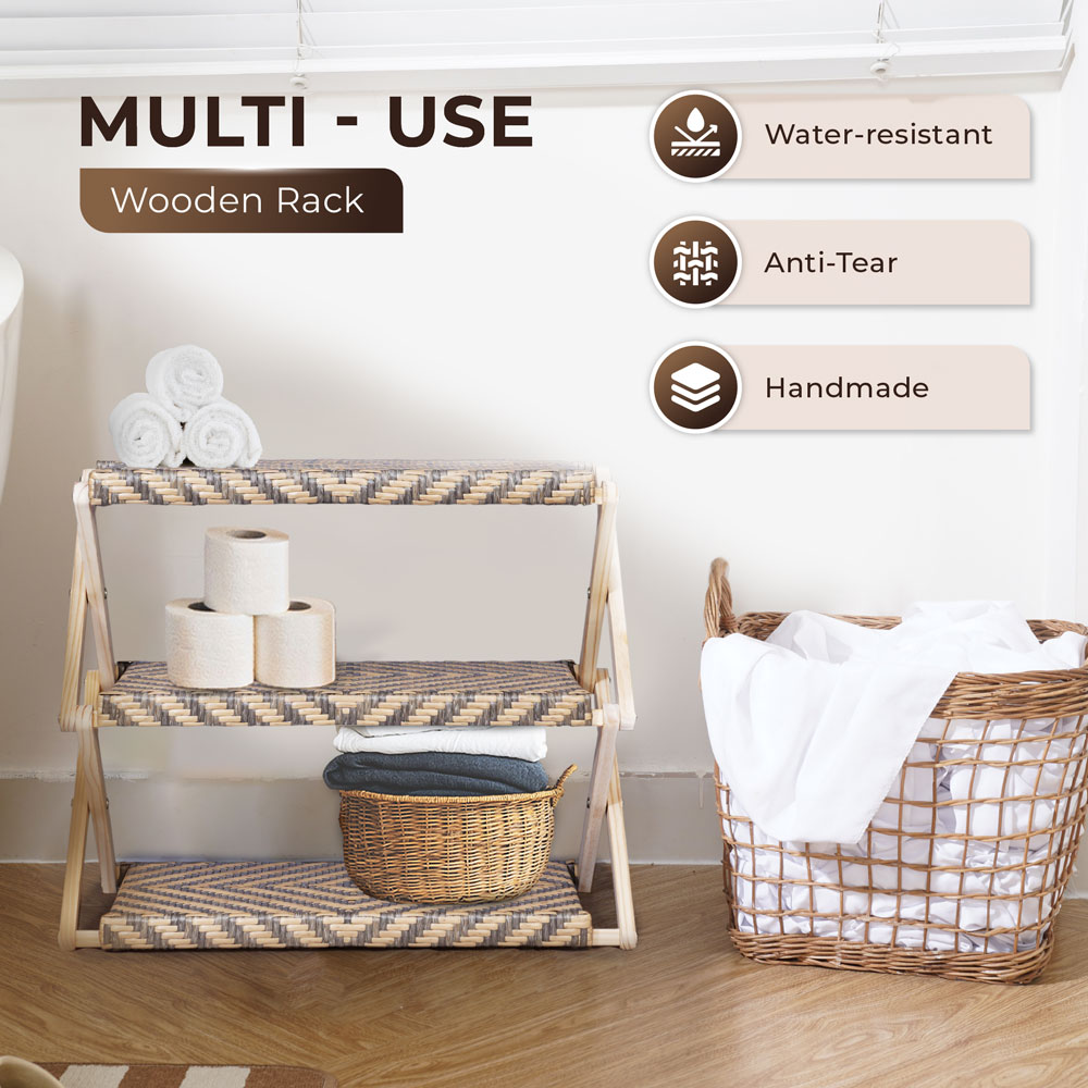 Foldable Pine Wood Shoe Rack with PE Wicker Shelves, Space-Saving 3-Tier Storage Organizer - Image 7