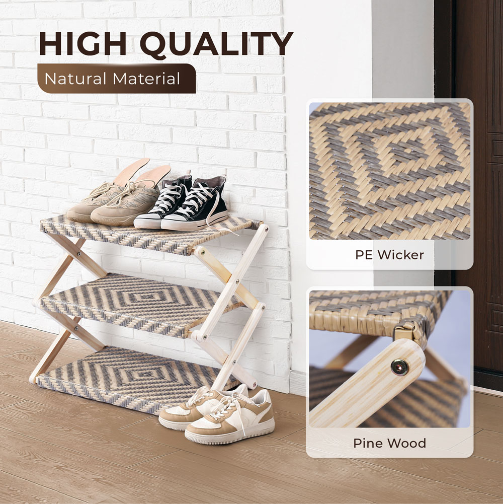Foldable Pine Wood Shoe Rack with PE Wicker Shelves, Space-Saving 3-Tier Storage Organizer - Image 6
