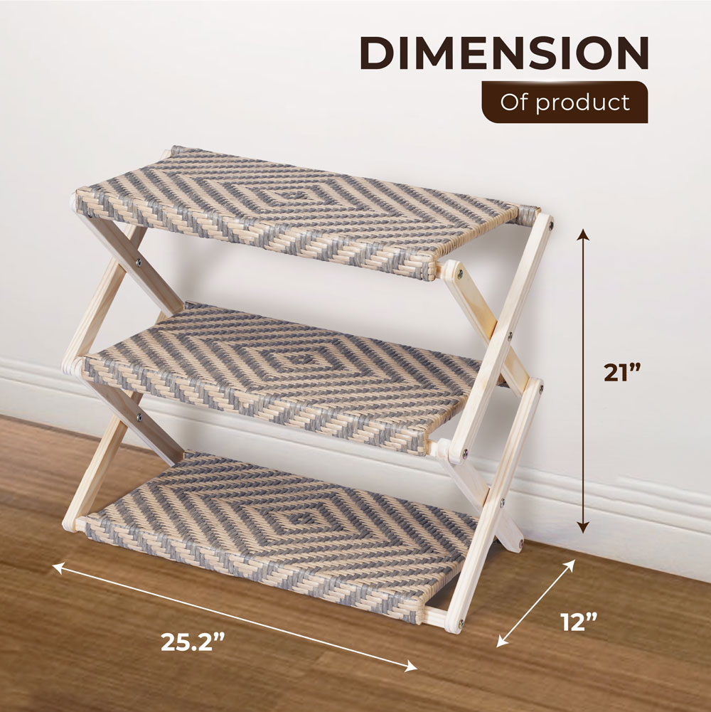 Foldable Pine Wood Shoe Rack with PE Wicker Shelves, Space-Saving 3-Tier Storage Organizer - Image 12