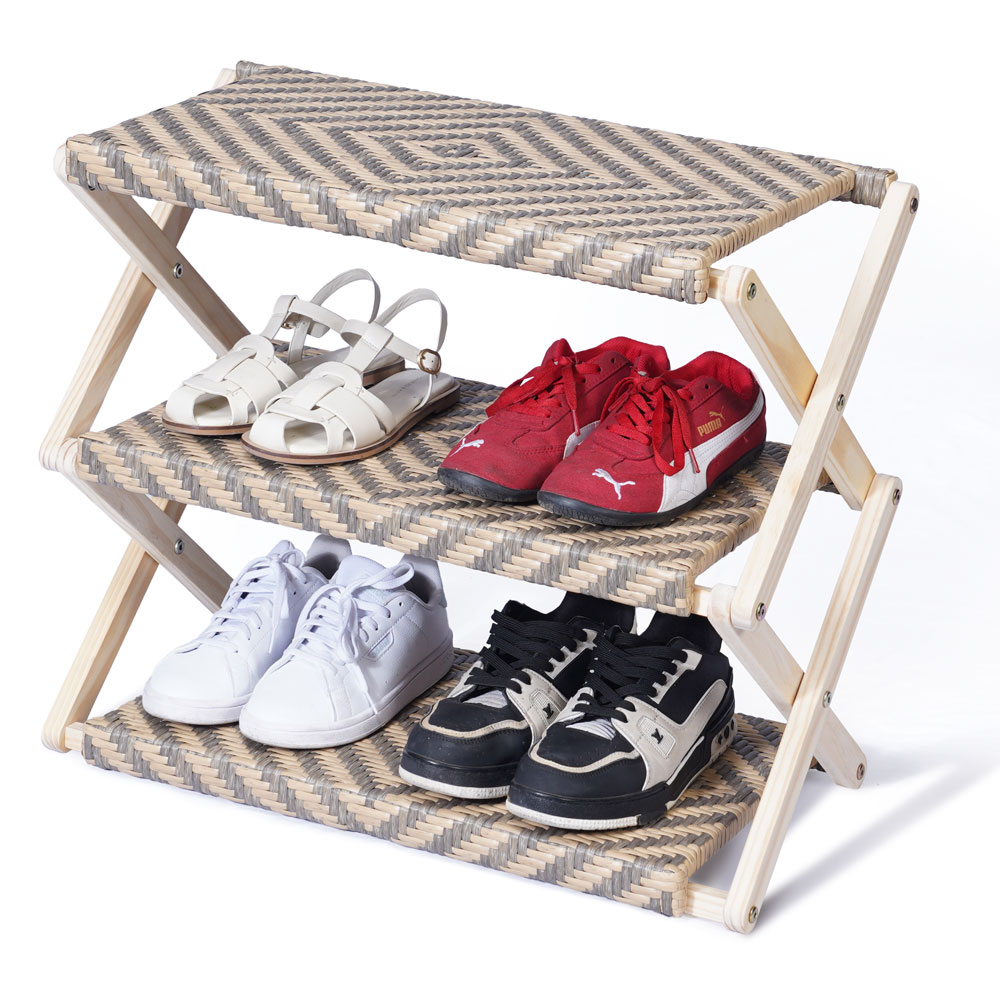 Foldable Pine Wood Shoe Rack with PE Wicker Shelves, Space-Saving 3-Tier Storage Organizer - Image 11
