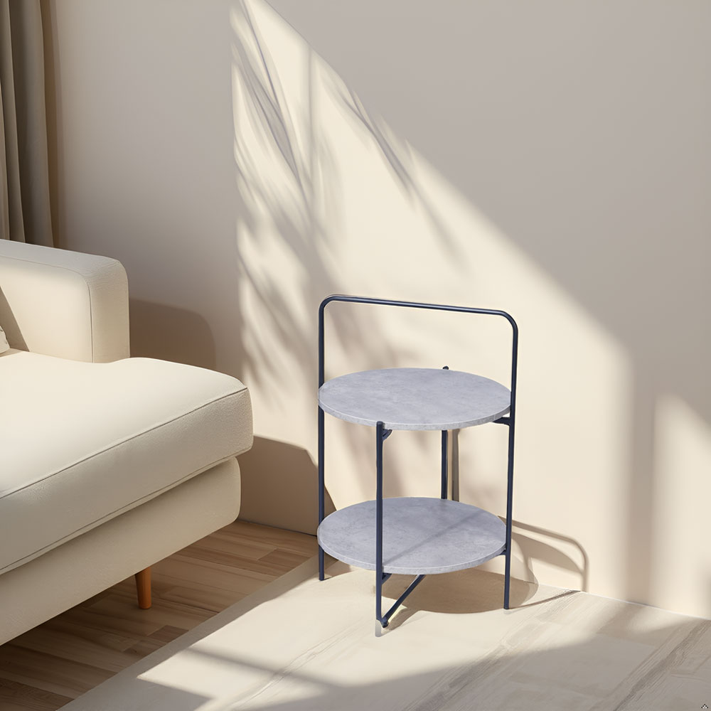 Round 2-Tier End & Gray Side Table with Foldable Steel Frame and MDF Shelves - Image 7