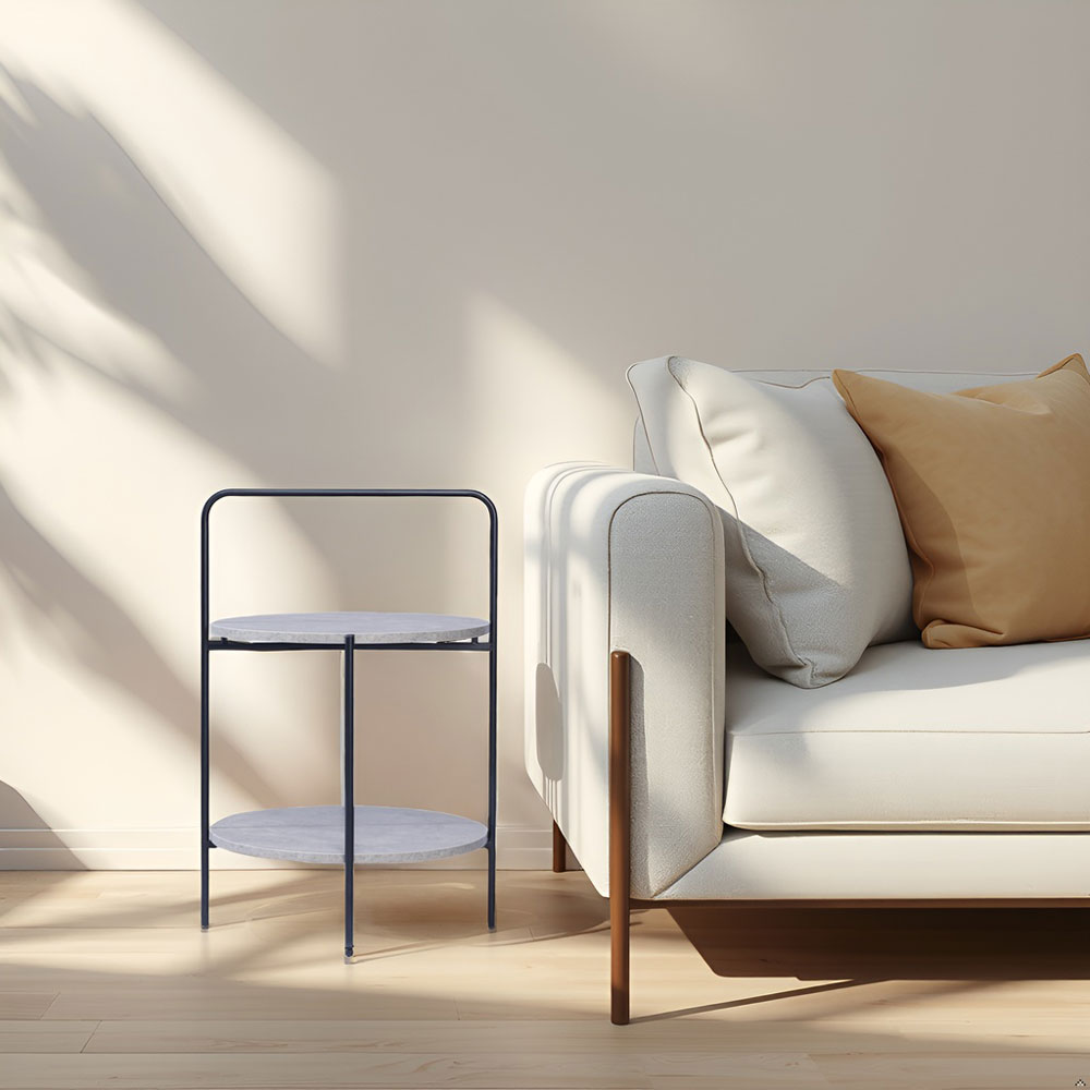 Round 2-Tier End & Gray Side Table with Foldable Steel Frame and MDF Shelves - Image 2