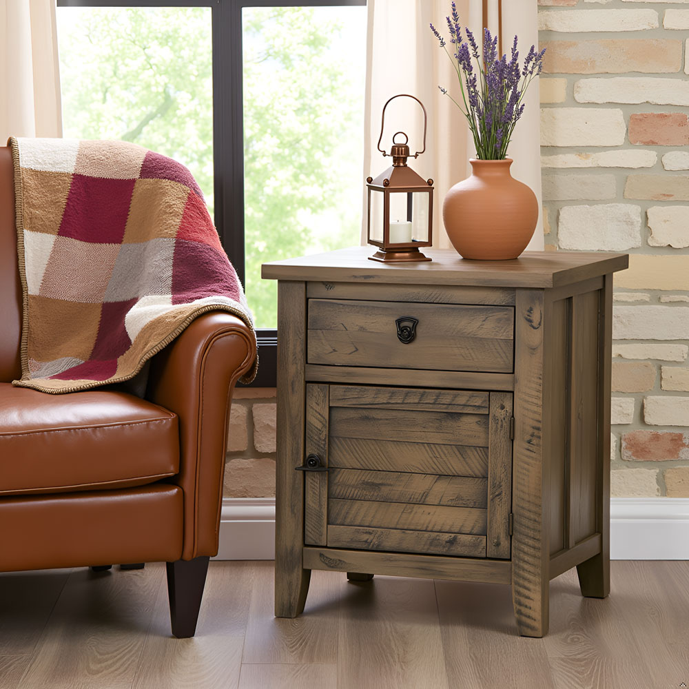 Solid Acacia Wood Nightstand – Rustic Gray Bedside Cabinet Storage Table - Image 2