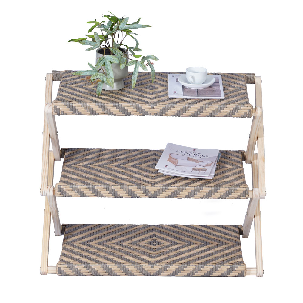 Foldable Pine Wood Shoe Rack with PE Wicker Shelves, Space-Saving 3-Tier Storage Organizer