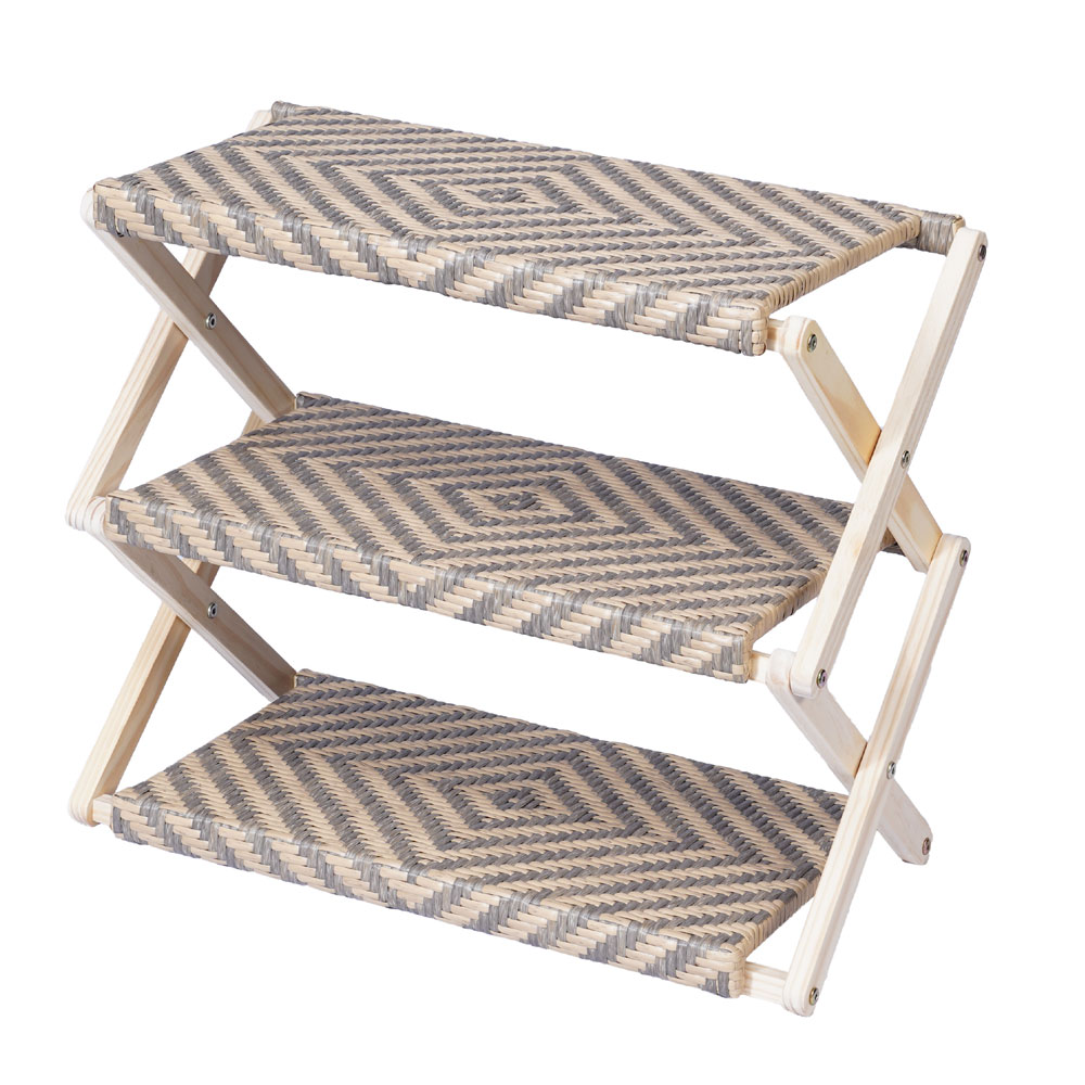 Foldable Pine Wood Shoe Rack with PE Wicker Shelves, Space-Saving 3-Tier Storage Organizer - Image 4