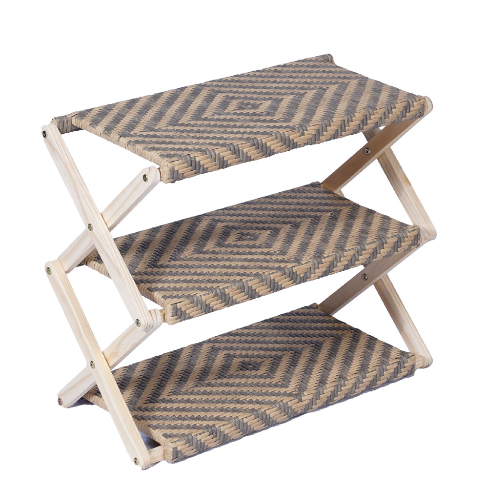 Foldable Pine Wood Shoe Rack with PE Wicker Shelves, Space-Saving 3-Tier Storage Organizer - Image 3