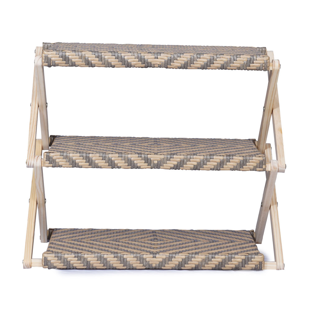 Foldable Pine Wood Shoe Rack with PE Wicker Shelves, Space-Saving 3-Tier Storage Organizer - Image 2